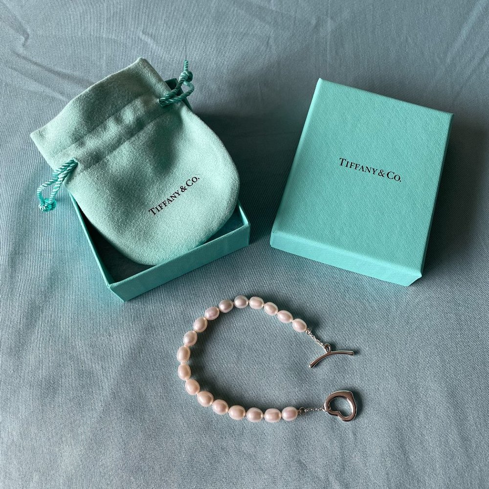NEW Tiffany & Co. Elsa Peretti Silver Open Heart Pearl 7.5" Bracelet